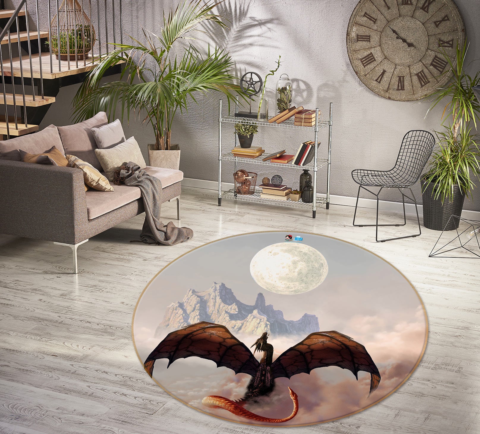 3D Mountain Moon Dragon 6110 Ciruelo Rug Round Non Slip Rug Mat