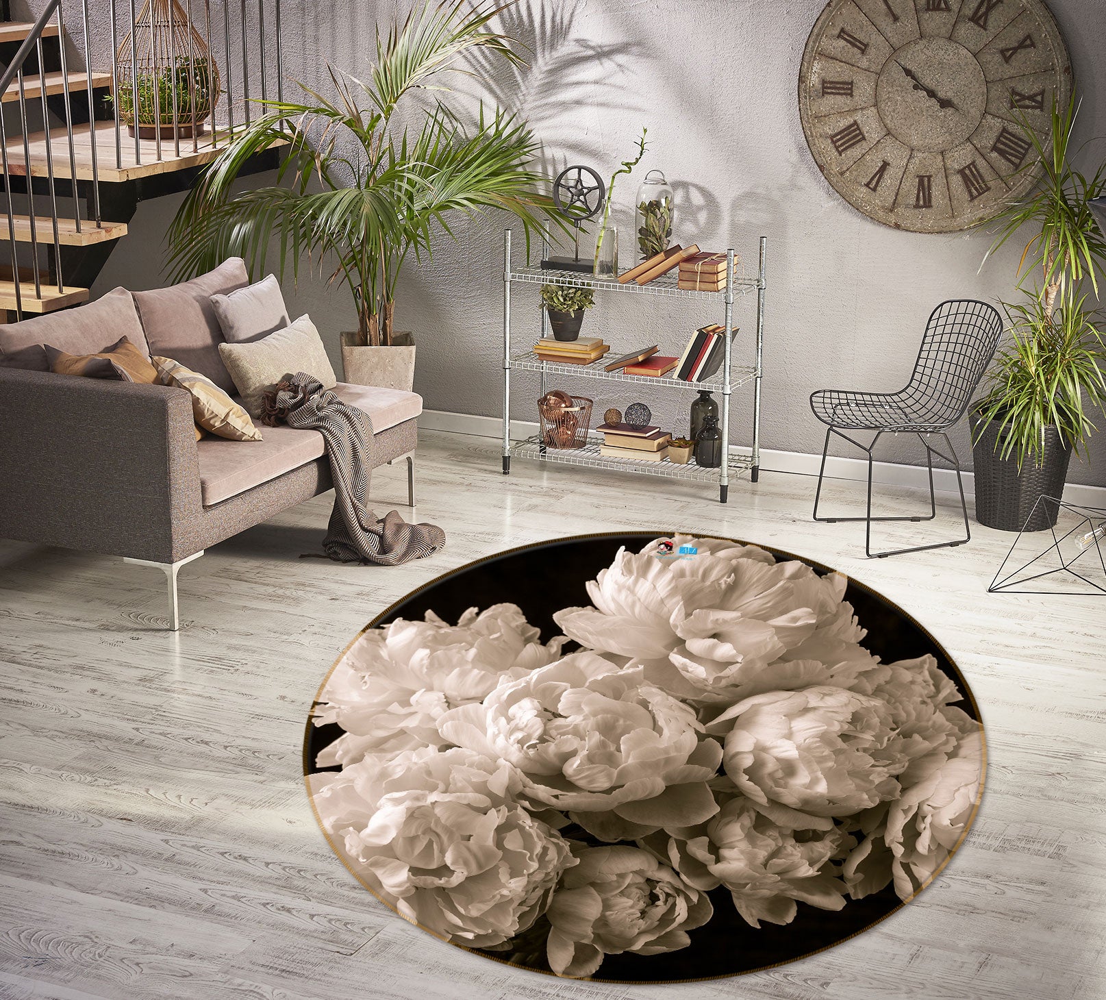 3D Gray Flower 7524 Assaf Frank Rug Round Non Slip Rug Mat