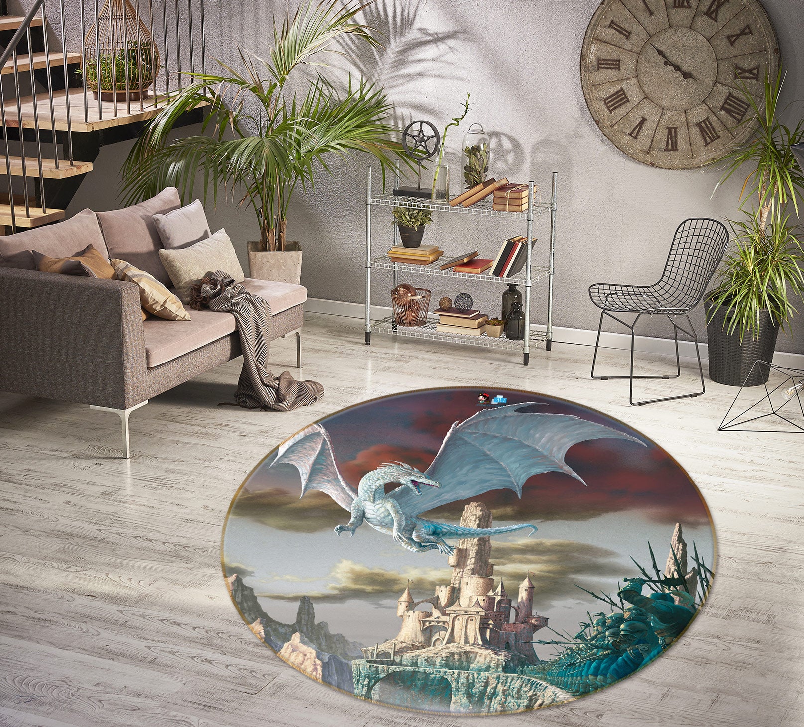 3D Castle White Dragon 6053 Ciruelo Rug Round Non Slip Rug Mat