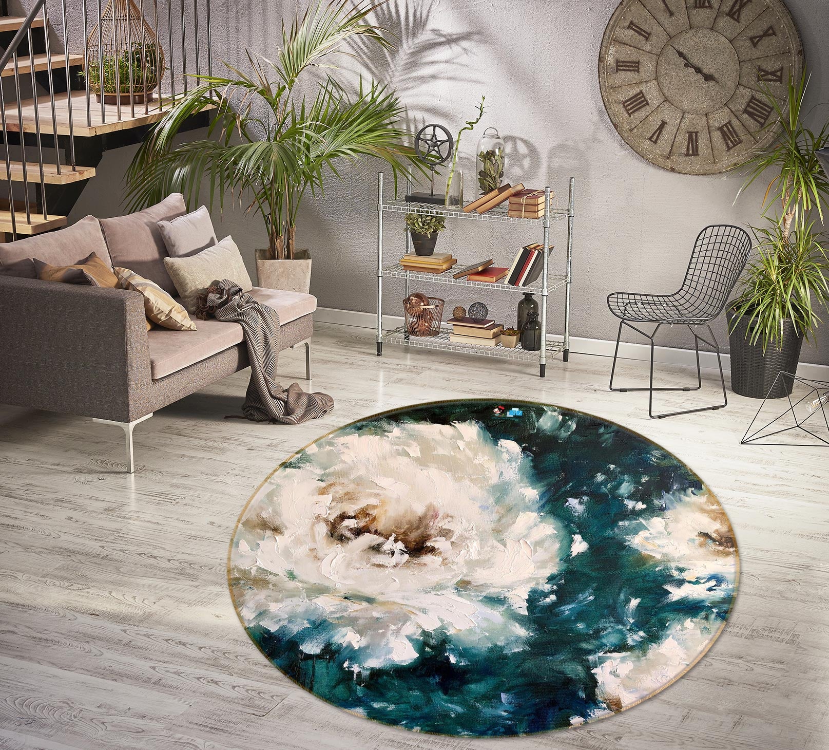 3D White Flower 773 Skromova Marina Rug Round Non Slip Rug Mat