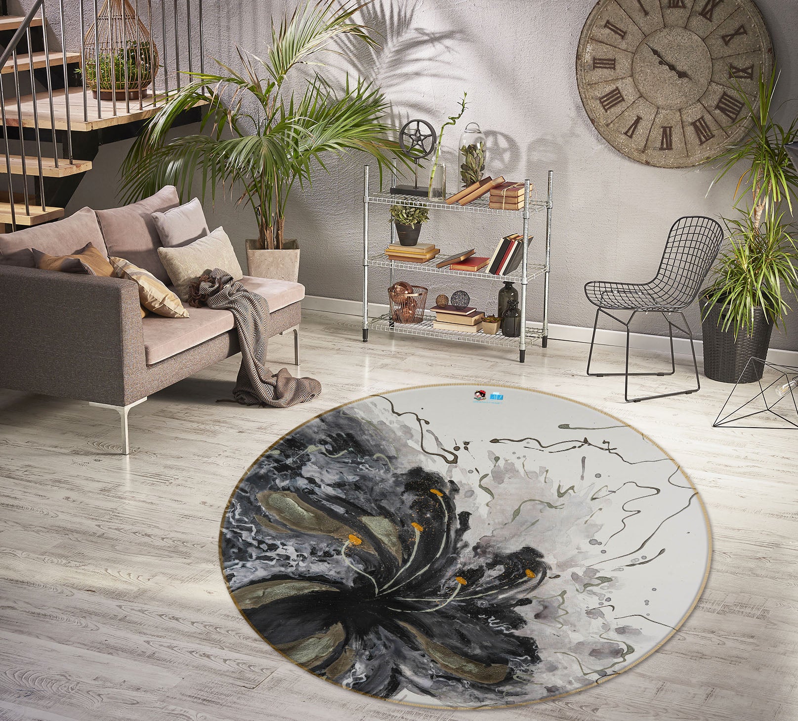 3D Black Ink Flower 841 Skromova Marina Rug Round Non Slip Rug Mat