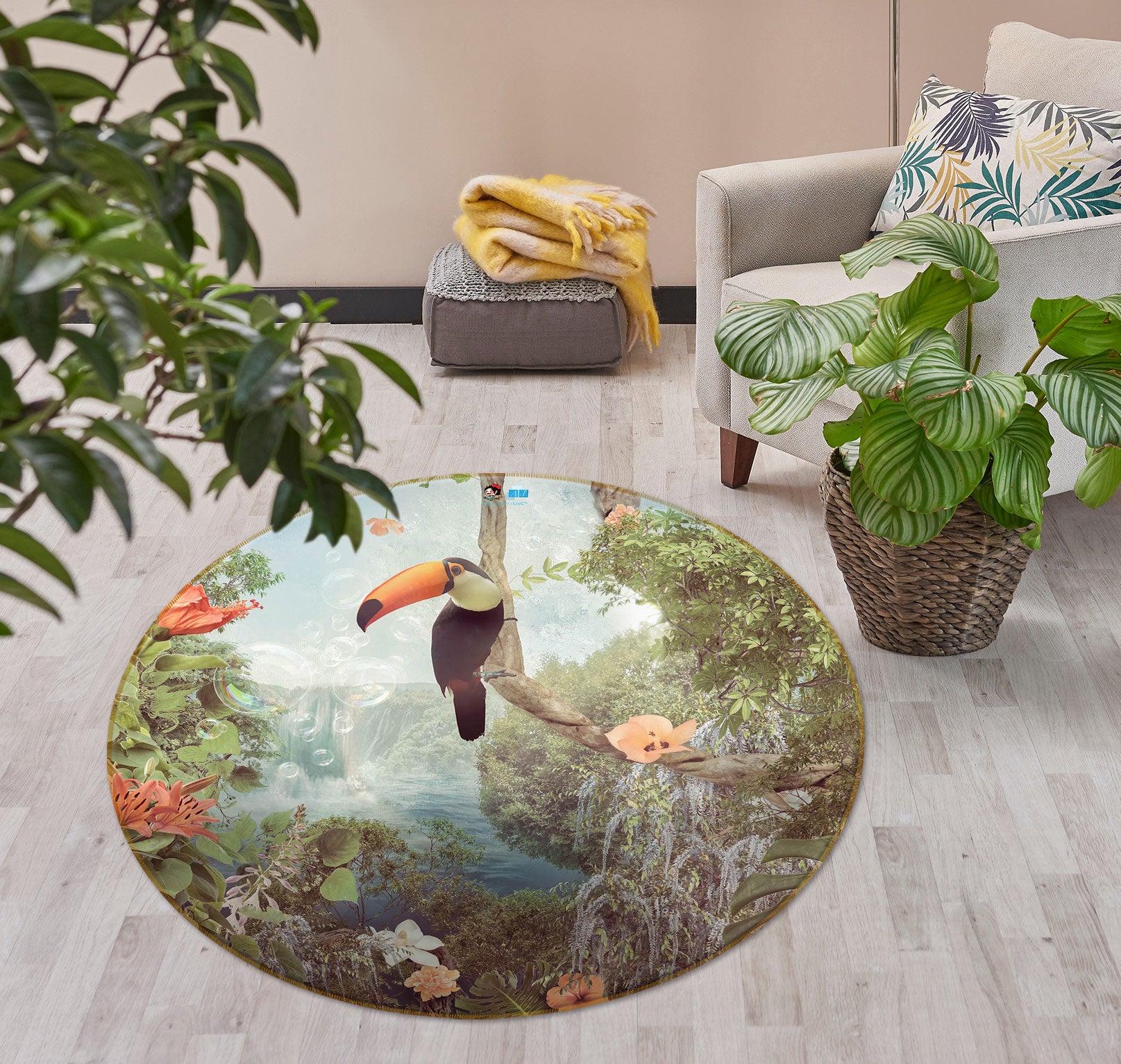 3D Flower Toucan 5043 Beth Sheridan Rug Round Non Slip Rug Mat