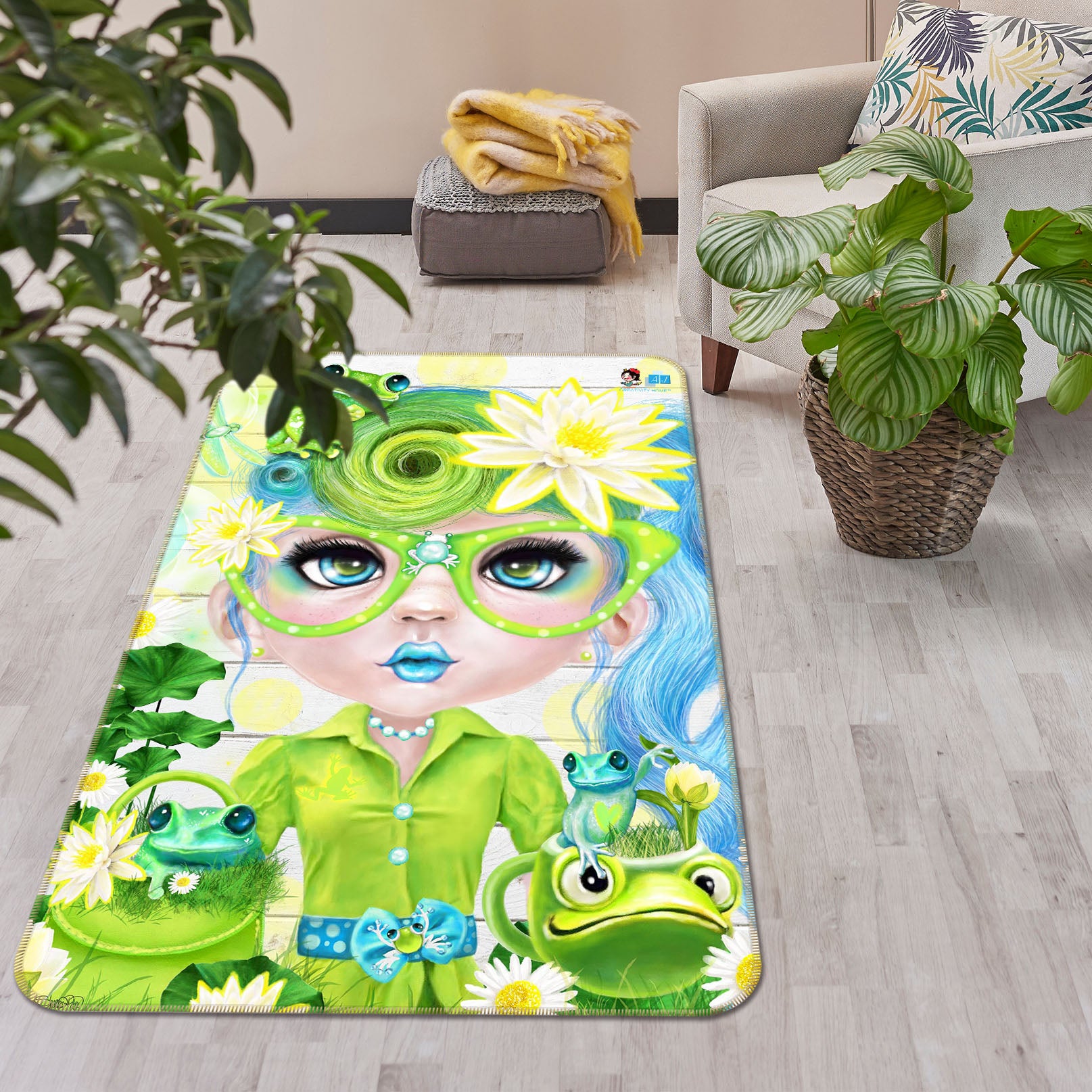 3D Green Frog Girl 8549 Sheena Pike Rug Non Slip Rug Mat