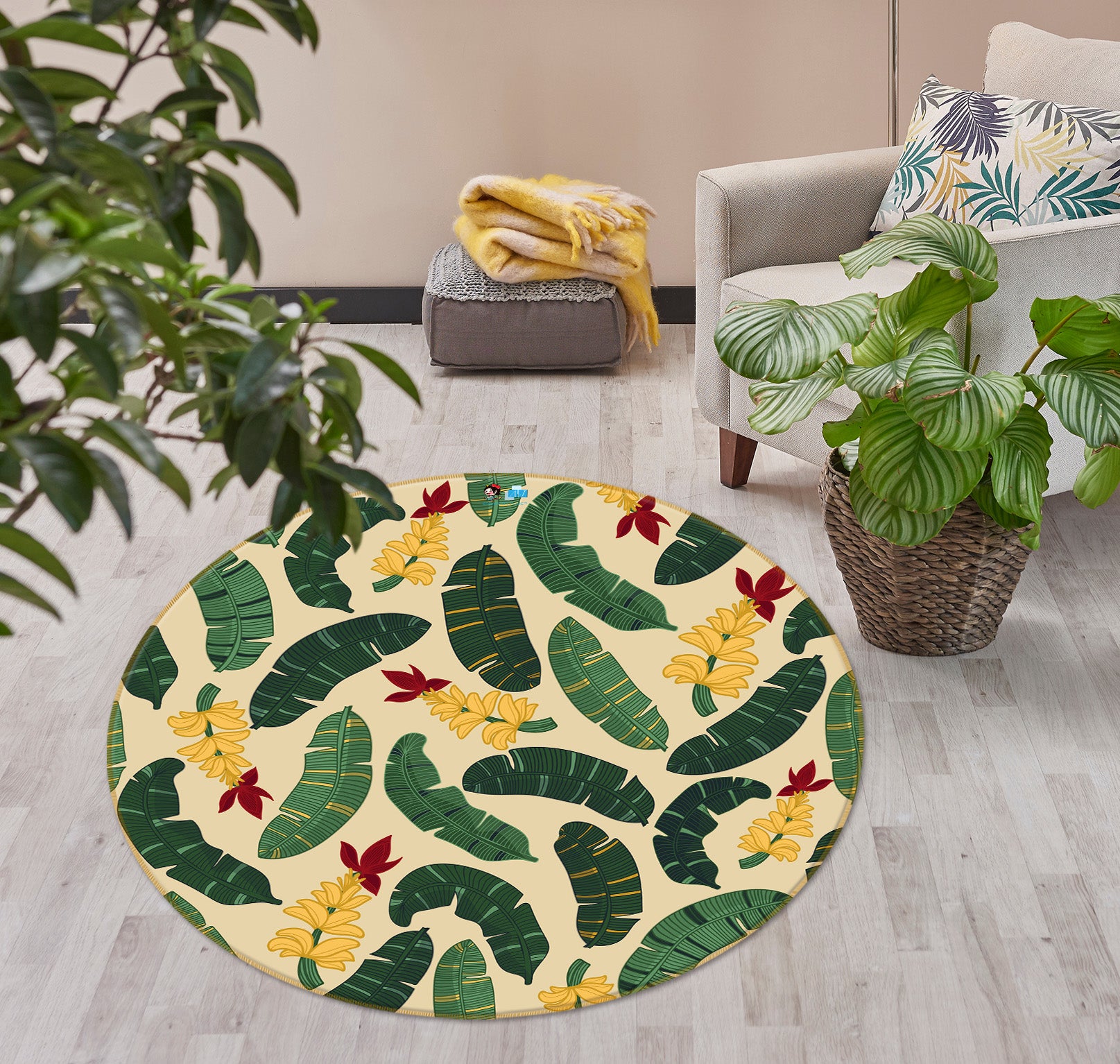 3D Leaves Yellow Flower 10532 Kashmira Jayaprakash Rug Round Non Slip Rug Mat