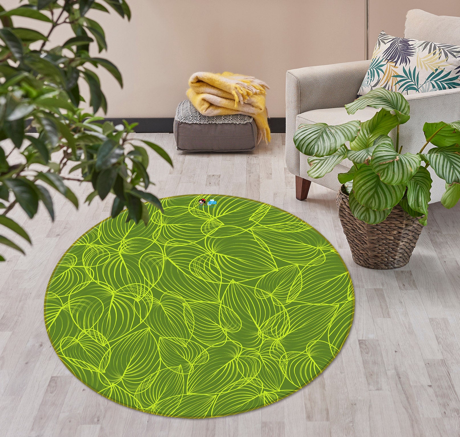 3D Green Line Leaves 10518 Kashmira Jayaprakash Rug Round Non Slip Rug Mat