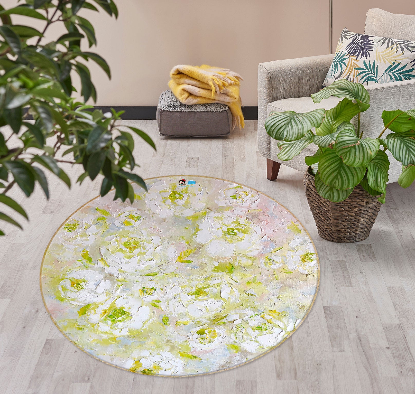 3D Pigment White Flower 8050 Skromova Marina Rug Round Non Slip Rug Mat