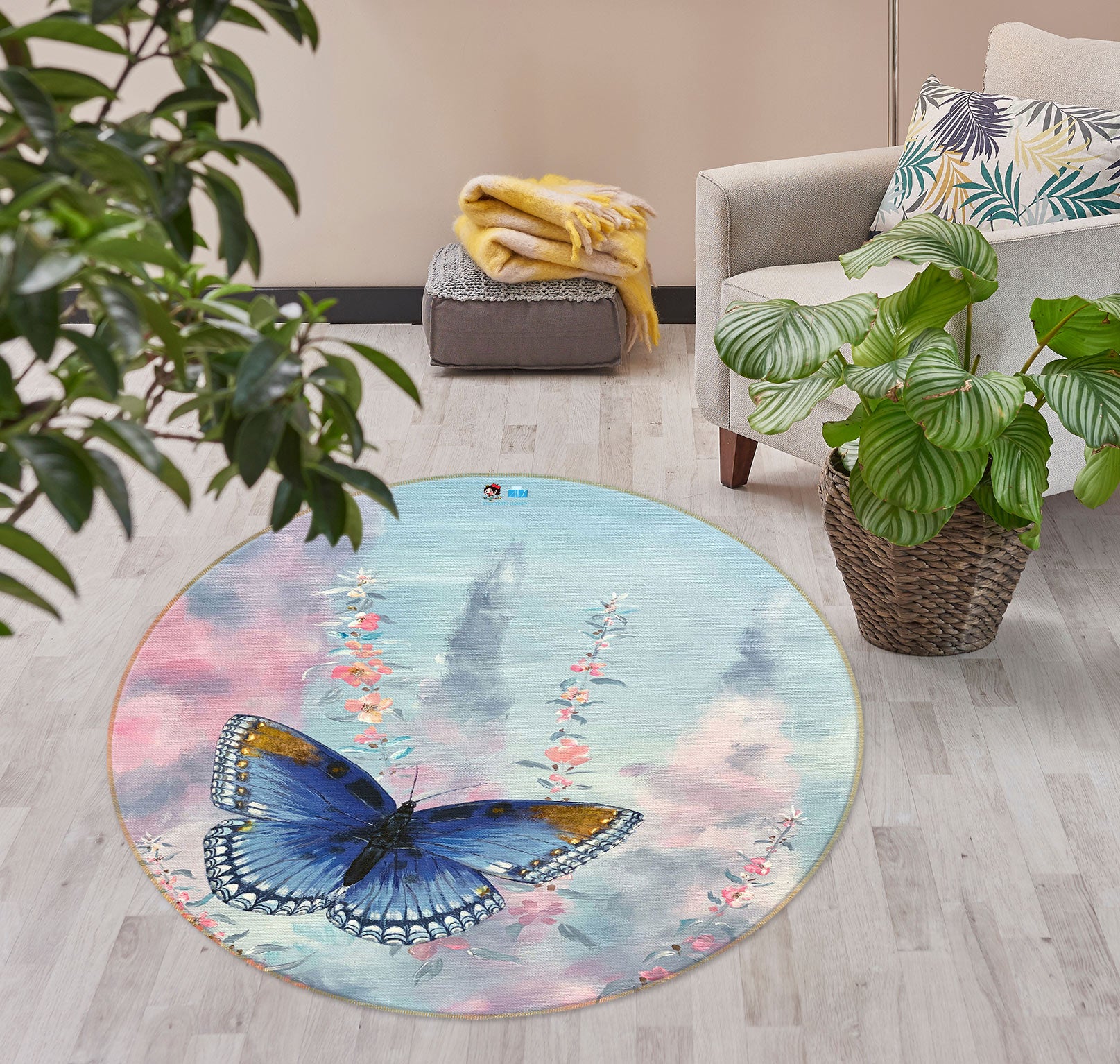 3D Blue Butterfly 9726 Marina Zotova Rug Round Non Slip Rug Mat