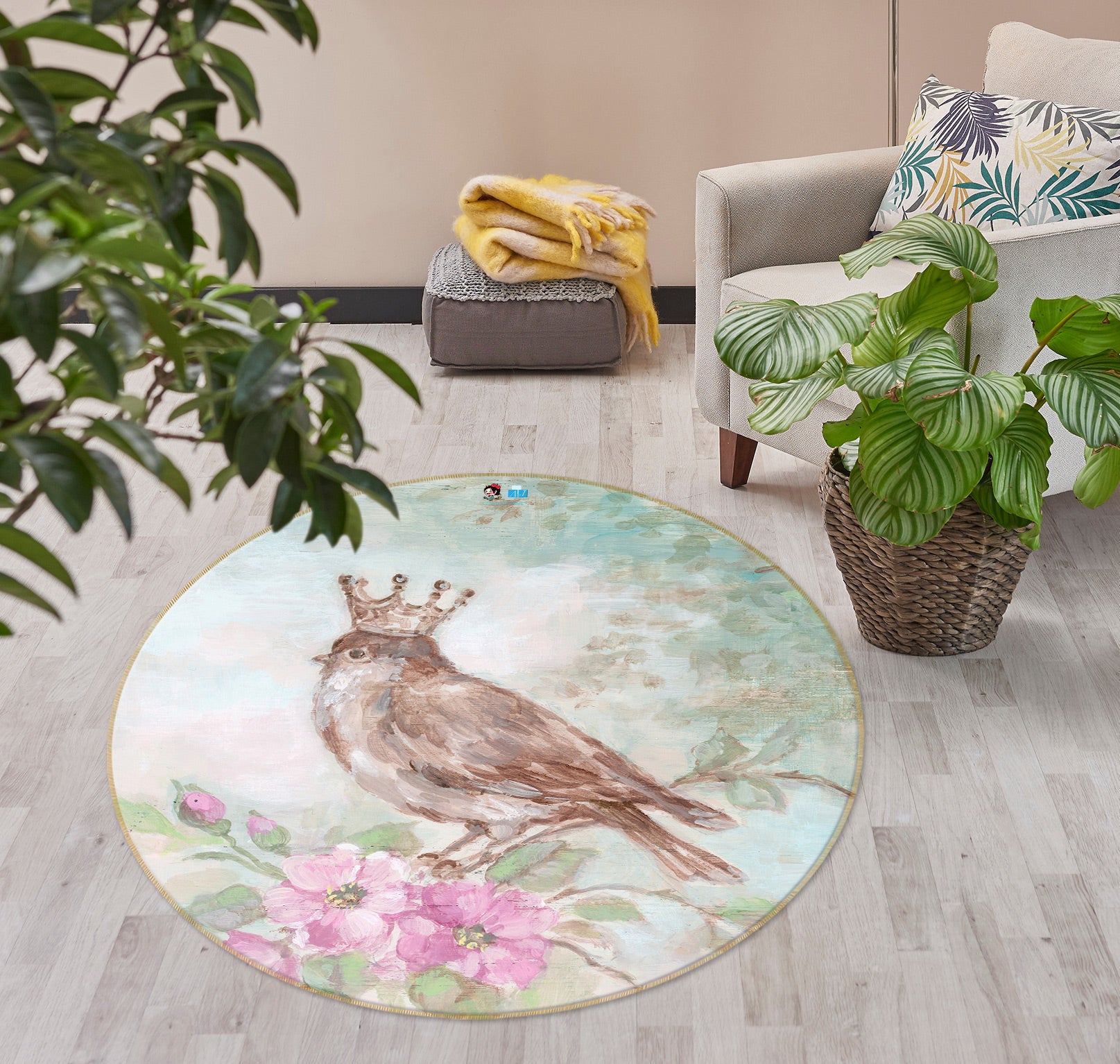 3D Crown Bird Flower Branch 1157 Debi Coules Rug Round Non Slip Rug Mat