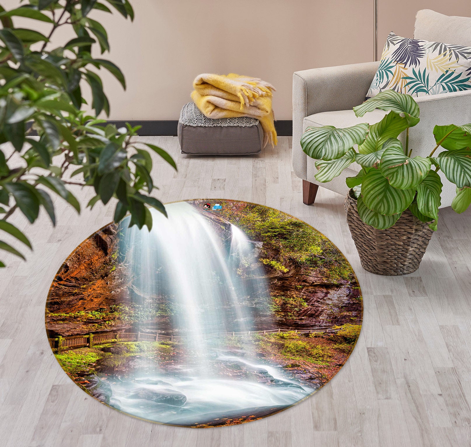 3D Waterfall Rock 5056 Beth Sheridan Rug Round Non Slip Rug Mat