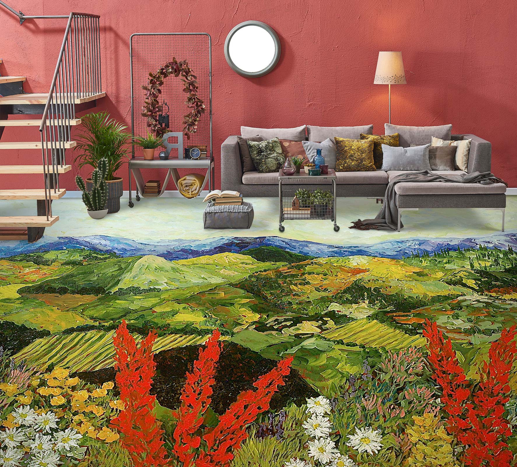 3D Green Hillside Red Flowers 9542 Allan P. Friedlander Floor Mural  Wallpaper Murals Self-Adhesive Removable Print Epoxy