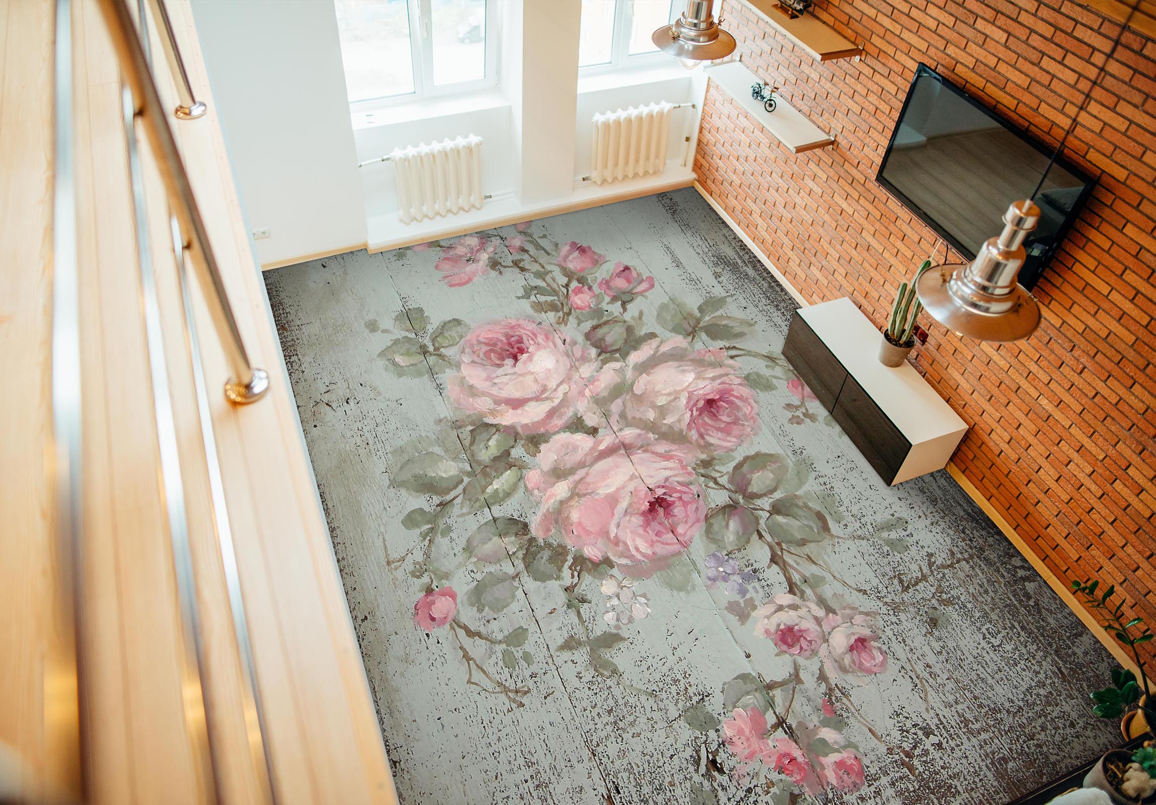 3D Pink Rose Branch 9947 Debi Coules Floor Mural  Wallpaper Murals Self-Adhesive Removable Print Epoxy