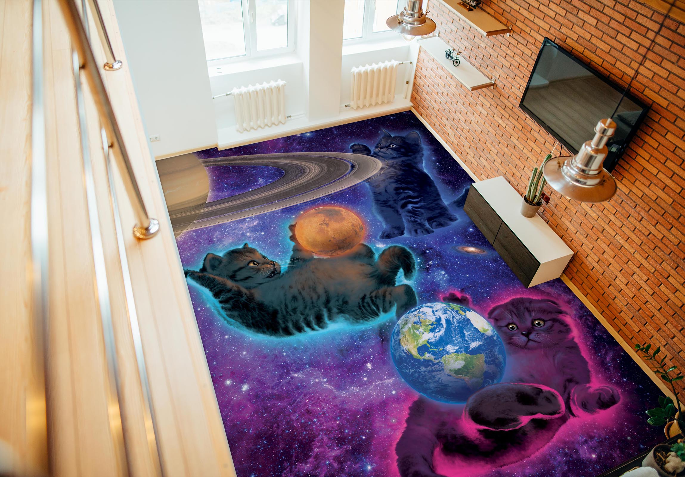 3D Cat Space Planet 98177 Vincent Floor Mural  Wallpaper Murals Self-Adhesive Removable Print Epoxy