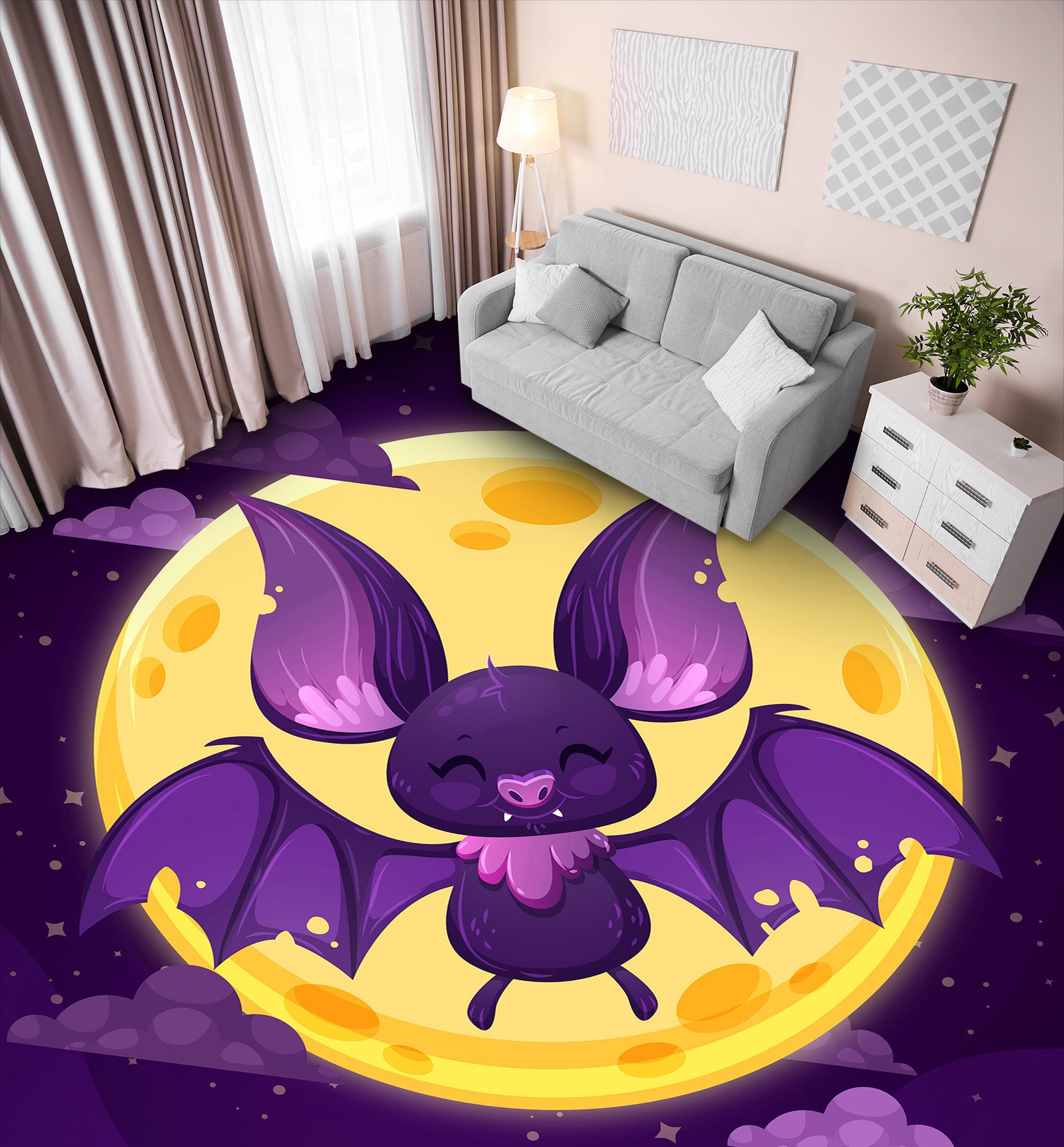 3D Moon Bat 001 Floor Mural  Self-Adhesive Sticker Bathroom Non-slip Waterproof Flooring Murals