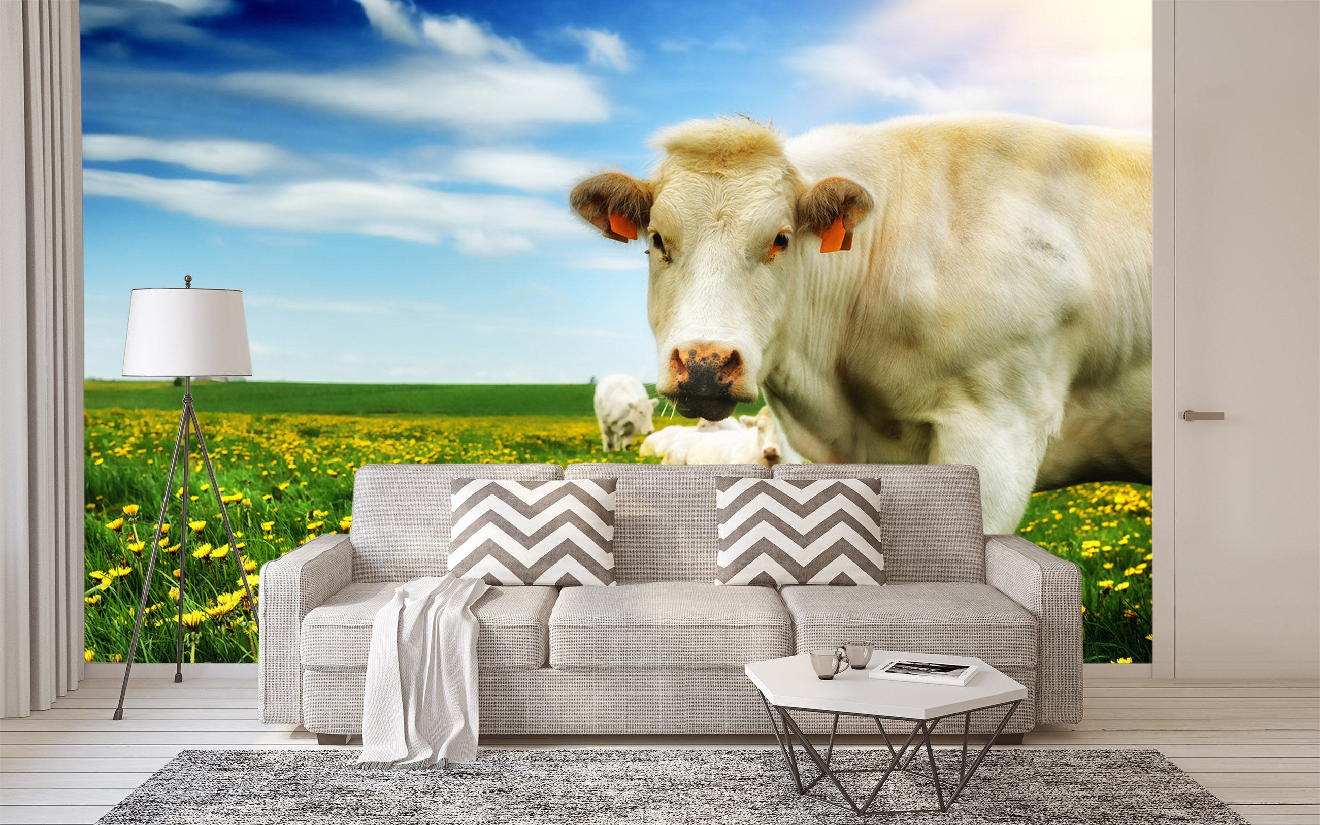 3D White Cow 292 Wall Murals