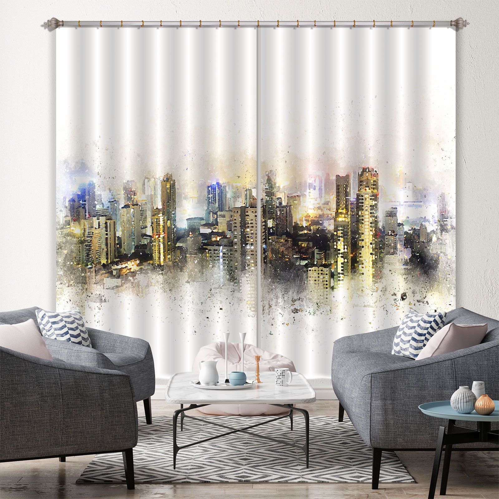 3D Building City 056 Curtains Drapes