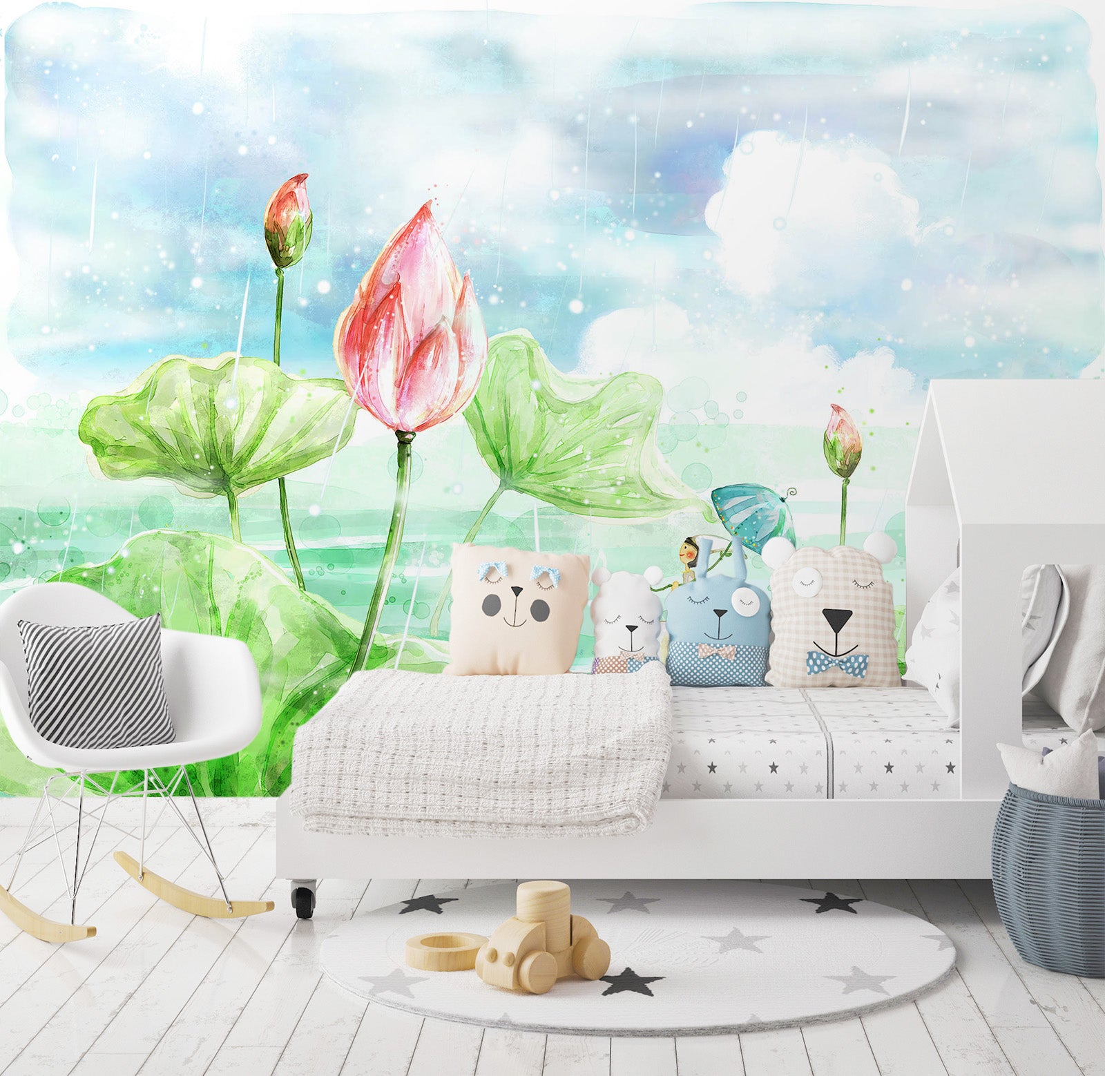 3D Green Lotus Watercolor 013 Wall Murals