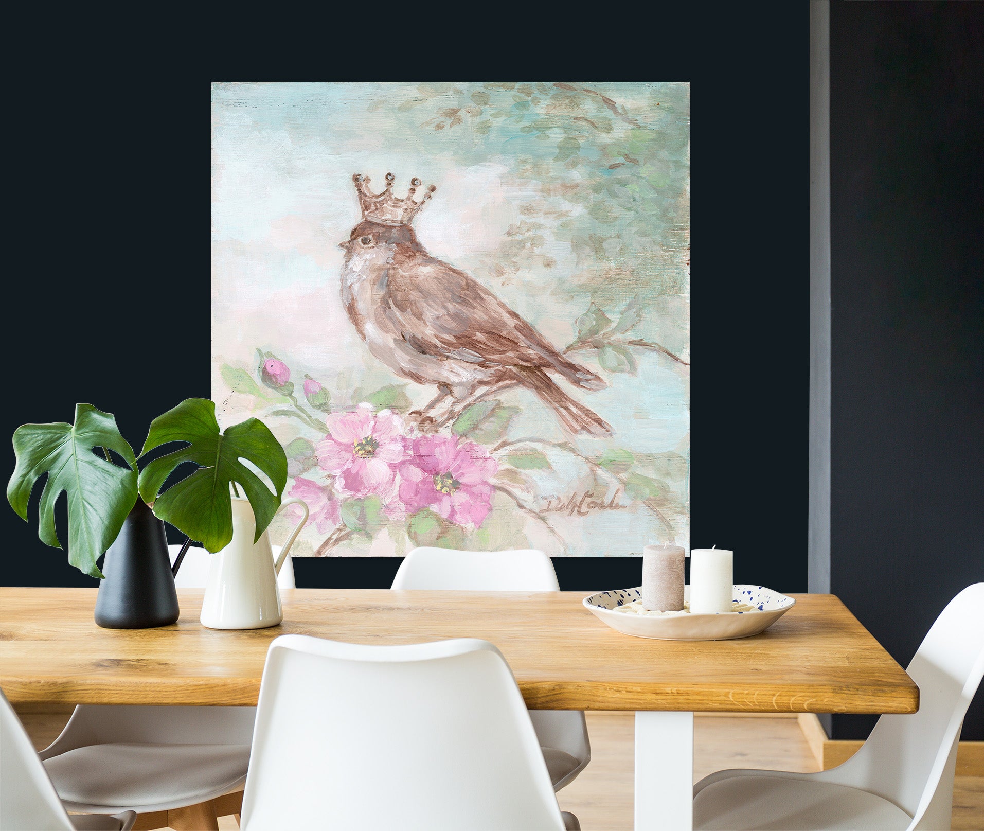 3D Crown Sparrow Pink Flowers 062 Debi Coules Wall Sticker